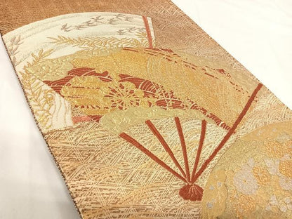 平和屋着物◎佐賀錦　太鼓柄袋帯　唐織　扇面風景文　金糸　正絹　逸品　AABH0126yx