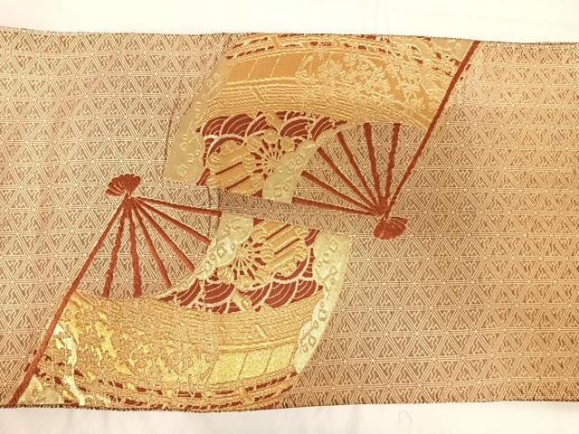 平和屋着物◎佐賀錦　太鼓柄袋帯　唐織　扇面風景文　金糸　正絹　逸品　AABH0126yx