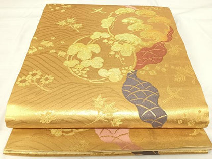 平和屋着物◎六通柄袋帯　花丸文　金糸　正絹　逸品　AABH0127yx