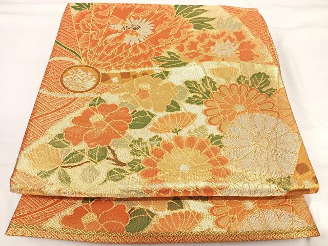 平和屋着物◎佐賀錦　六通柄袋帯　扇面花文　金糸　正絹　逸品　AABH0130yx