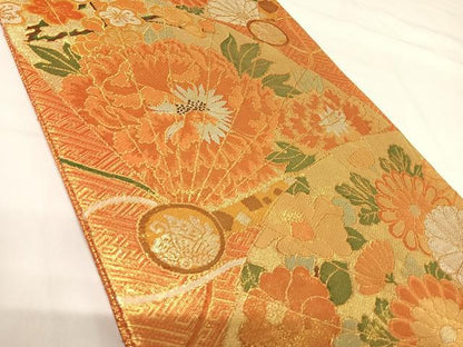 平和屋着物◎佐賀錦　六通柄袋帯　扇面花文　金糸　正絹　逸品　AABH0130yx