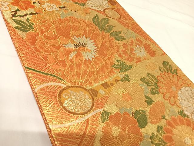 平和屋着物◎佐賀錦　六通柄袋帯　扇面花文　金糸　正絹　逸品　AABH0130yx