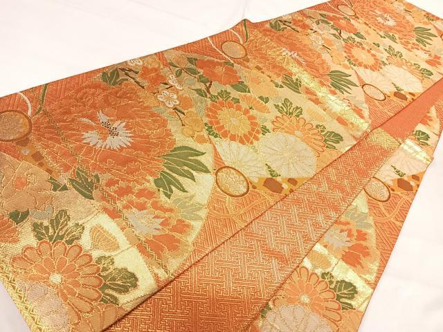 平和屋着物◎佐賀錦　六通柄袋帯　扇面花文　金糸　正絹　逸品　AABH0130yx