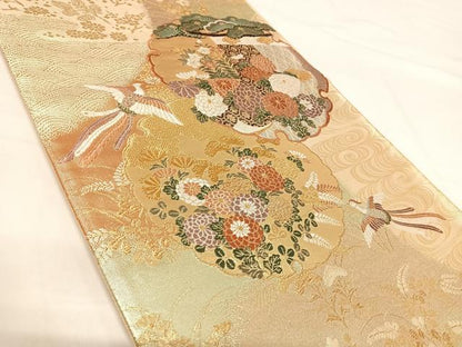 平和屋着物◎西陣　六通柄袋帯　唐織　蒔絵　雪輪花鳥文　金糸　正絹　逸品　AABH0137yx