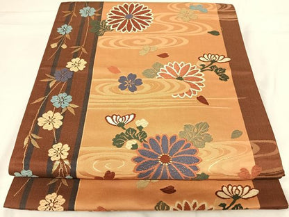 平和屋着物◎六通柄袋帯　唐織　流水花文　金糸　正絹　逸品　AABH0139yx