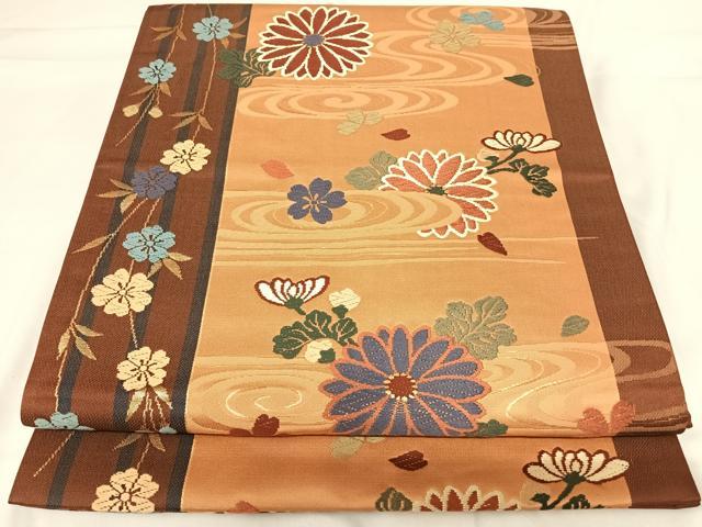 平和屋着物◎六通柄袋帯　唐織　流水花文　金糸　正絹　逸品　AABH0139yx
