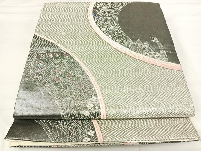平和屋着物◎六通柄袋帯　孔雀　銀糸　正絹　逸品　AABH0144yx