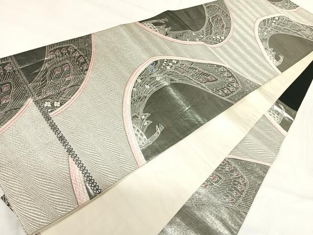 平和屋着物◎六通柄袋帯　孔雀　銀糸　正絹　逸品　AABH0144yx