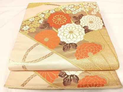 平和屋着物◎六通柄袋帯　唐織　百花末広文　金糸　正絹　逸品　AABH0146yx