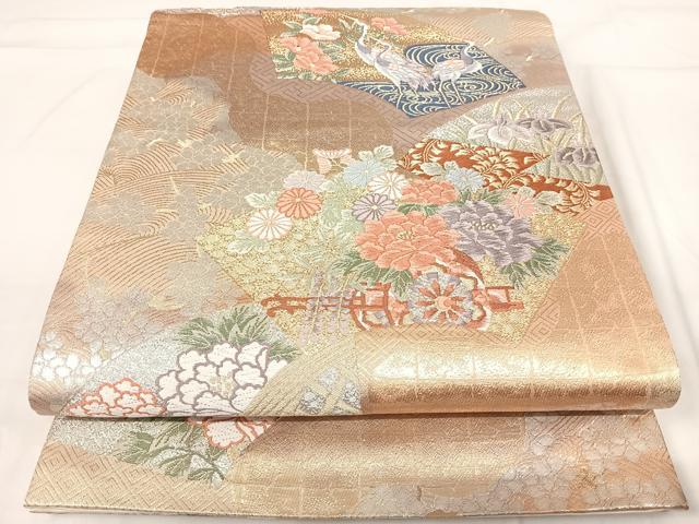 平和屋着物◎六通柄袋帯　唐織　扇面花車文　金銀糸　正絹　逸品　AABH0149yx