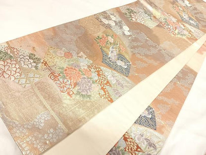 平和屋着物◎六通柄袋帯　唐織　扇面花車文　金銀糸　正絹　逸品　AABH0149yx