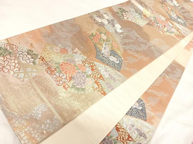 平和屋着物◎六通柄袋帯　唐織　扇面花車文　金銀糸　正絹　逸品　AABH0149yx