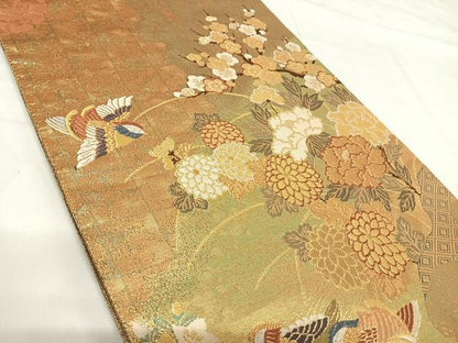 平和屋着物◎六通柄袋帯　唐織　鴛鴦花文　金銀糸　正絹　逸品　AABH0151yx