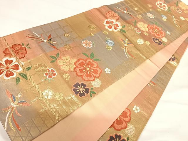平和屋着物◎六通柄袋帯　唐織　花鳥文　金糸　正絹　逸品　AABH0154yx