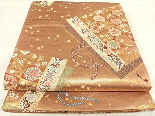 平和屋着物◎六通柄袋帯 唐織 花冊子文 金糸 正絹 逸品 AABH0155yx