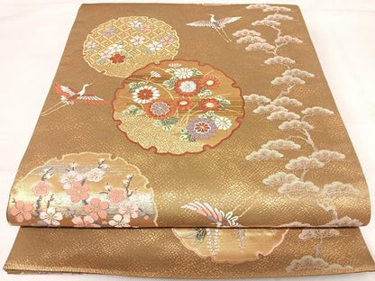 平和屋着物◎六通柄袋帯　唐織　飛鶴雪輪花文　金糸　正絹　逸品　AABH0162yx