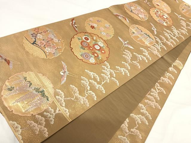 平和屋着物◎六通柄袋帯　唐織　飛鶴雪輪花文　金糸　正絹　逸品　AABH0162yx