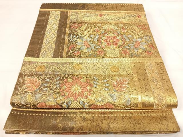 平和屋着物◎六通柄袋帯 唐織 更紗花篭絵文 陶漆箔 正絹 逸品 AABH0166yx