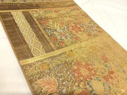 平和屋着物◎六通柄袋帯 唐織 更紗花篭絵文 陶漆箔 正絹 逸品 AABH0166yx