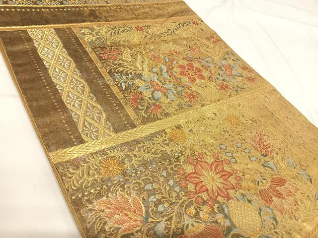 平和屋着物◎六通柄袋帯 唐織 更紗花篭絵文 陶漆箔 正絹 逸品 AABH0166yx
