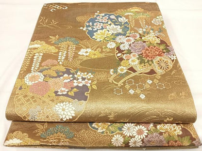 平和屋着物◎六通柄袋帯 唐織 雪輪花車文 正絹 逸品 AABH0169yx