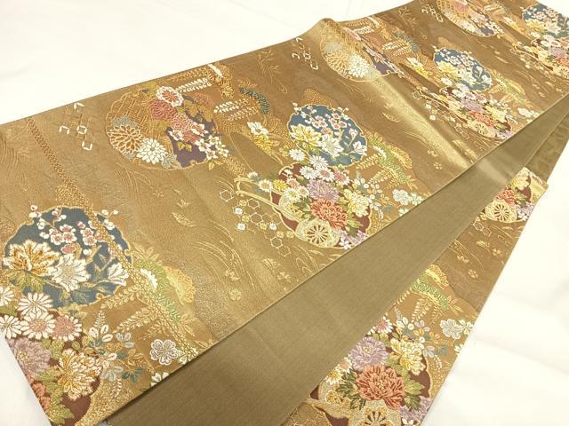平和屋着物◎六通柄袋帯 唐織 雪輪花車文 正絹 逸品 AABH0169yx