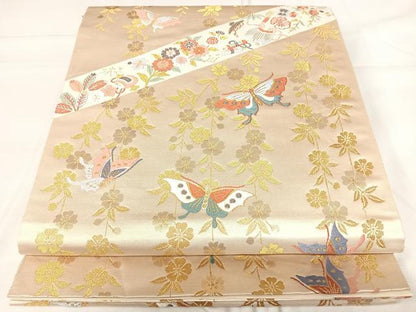 平和屋着物◎六通柄袋帯 唐織 花蝶文 金糸 正絹 逸品 AABH0171yx