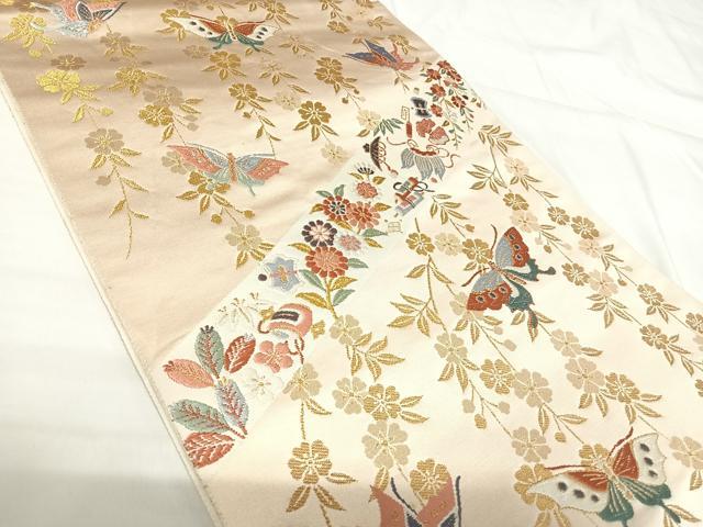平和屋着物◎六通柄袋帯 唐織 花蝶文 金糸 正絹 逸品 AABH0171yx