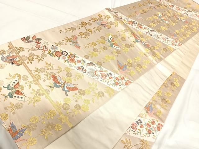 平和屋着物◎六通柄袋帯 唐織 花蝶文 金糸 正絹 逸品 AABH0171yx