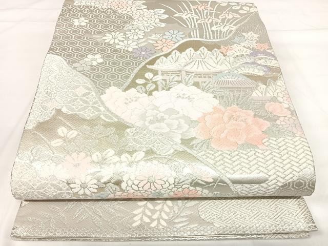 平和屋着物◎六通柄袋帯 唐織 風景文 プラチナ箔二重織 正絹 逸品 AABH0172yx
