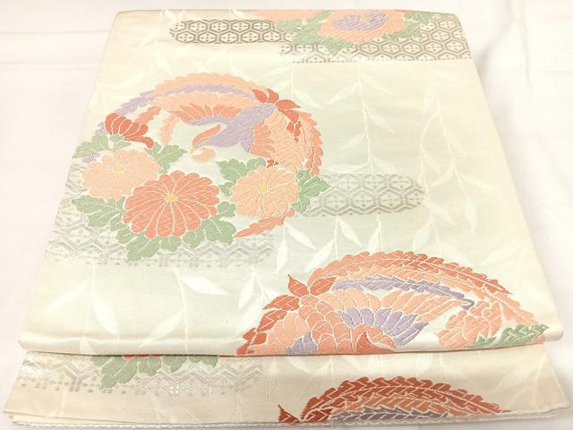平和屋着物◎六通柄袋帯 唐織 柳仙鳥花文 銀糸 正絹 逸品 AABH0177yx