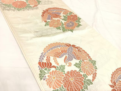 平和屋着物◎六通柄袋帯 唐織 柳仙鳥花文 銀糸 正絹 逸品 AABH0177yx