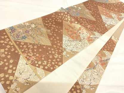 平和屋着物◎六通柄袋帯 唐織 草花文 金糸 正絹 逸品 AABH0183yx