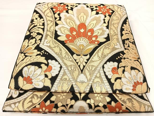平和屋着物◎六通柄 本袋帯 唐織 飾花文 黒地 金糸 正絹 逸品 AABH0193yx