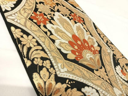 平和屋着物◎六通柄 本袋帯 唐織 飾花文 黒地 金糸 正絹 逸品 AABH0193yx