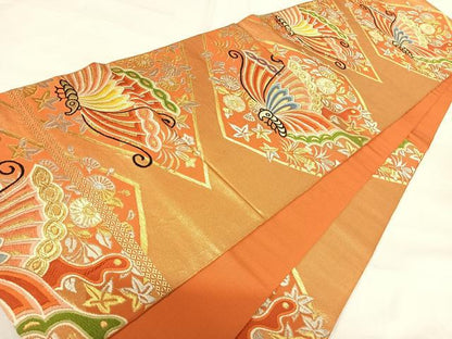 平和屋着物◎六通柄袋帯 唐織 花蝶文 金銀糸 正絹 逸品 AABH0194yx