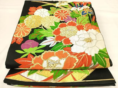 平和屋着物◎六通柄袋帯　唐織　草花文　黒地　金銀糸　正絹　逸品　AABH0198yx