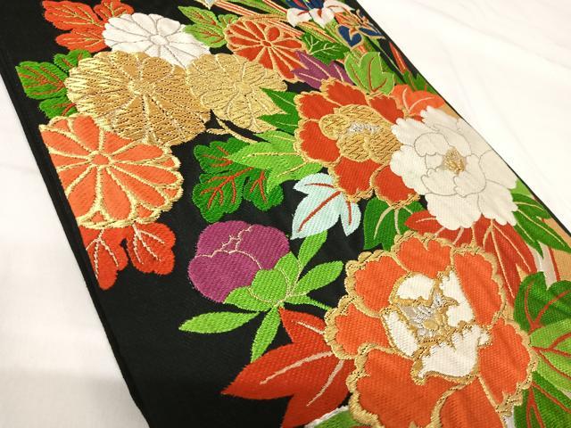 平和屋着物◎六通柄袋帯　唐織　草花文　黒地　金銀糸　正絹　逸品　AABH0198yx