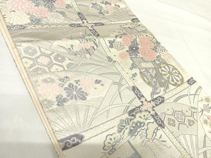 平和屋着物◎六通柄袋帯 唐織 御所車花文 銀糸 正絹 逸品 AABH0200yx