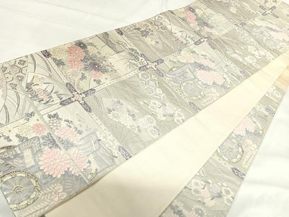 平和屋着物◎六通柄袋帯 唐織 御所車花文 銀糸 正絹 逸品 AABH0200yx