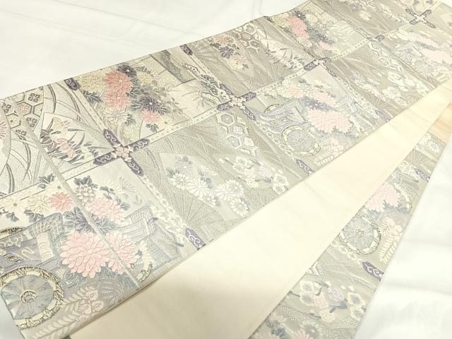平和屋着物◎六通柄袋帯 唐織 御所車花文 銀糸 正絹 逸品 AABH0200yx