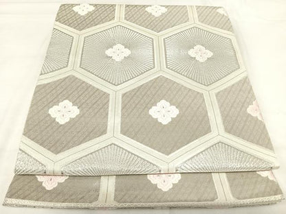 平和屋着物◎六通柄袋帯 唐織 亀甲花文 銀糸 正絹 逸品 AABH0211yx
