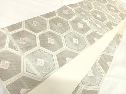 平和屋着物◎六通柄袋帯 唐織 亀甲花文 銀糸 正絹 逸品 AABH0211yx