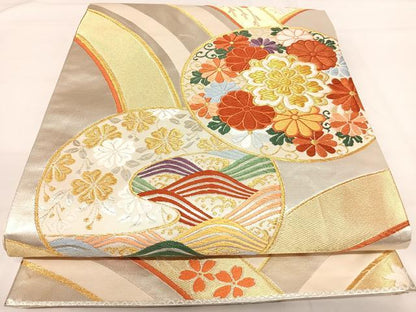 平和屋着物◎六通柄袋帯 唐織 立波花文 金銀糸 正絹 逸品 AABH0215yx