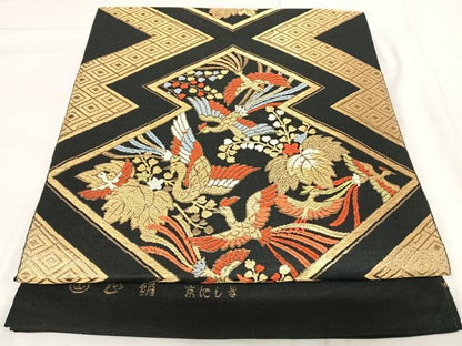 平和屋着物◎六通柄袋帯　唐織　京にしき　鳳凰花文　黒地　金糸　正絹　逸品　AABH0219yx