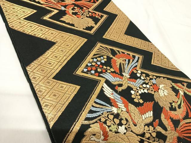 平和屋着物◎六通柄袋帯　唐織　京にしき　鳳凰花文　黒地　金糸　正絹　逸品　AABH0219yx