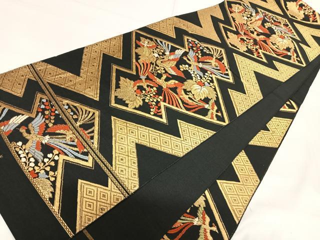 平和屋着物◎六通柄袋帯　唐織　京にしき　鳳凰花文　黒地　金糸　正絹　逸品　AABH0219yx