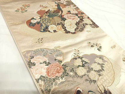 平和屋着物◎六通柄袋帯　唐織　雲取孔雀絵　金糸　正絹　逸品　AABH0222yx