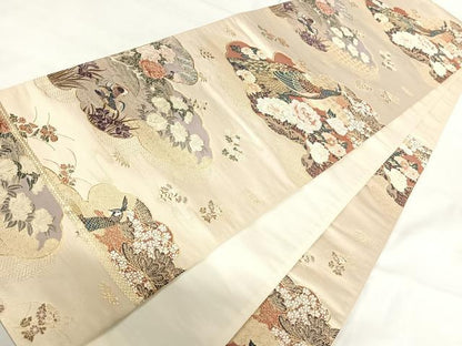 平和屋着物◎六通柄袋帯　唐織　雲取孔雀絵　金糸　正絹　逸品　AABH0222yx