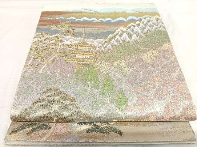 平和屋着物◎六通柄袋帯　唐織　風景文　金糸　正絹　逸品　AABH0223yx